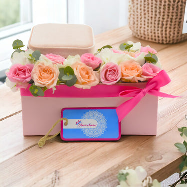 Baby Girl Bliss Box Arrangement, Spray Rose Pink, Hydrangea, Eucalyptus, Pink Box